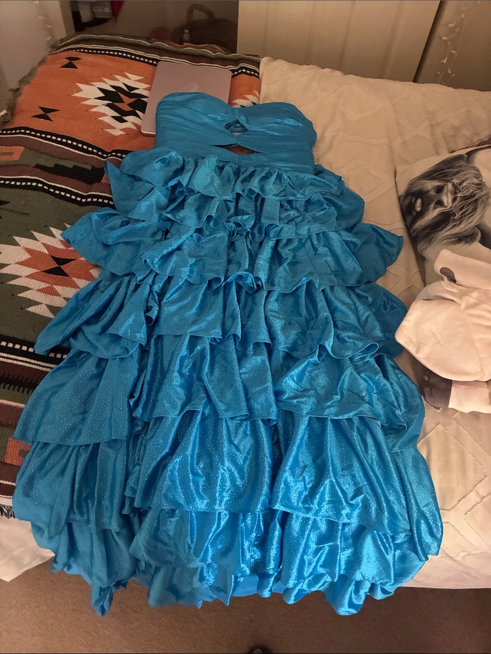 Bright Blue Strapless Ruffled prom dress, tie back with zipper